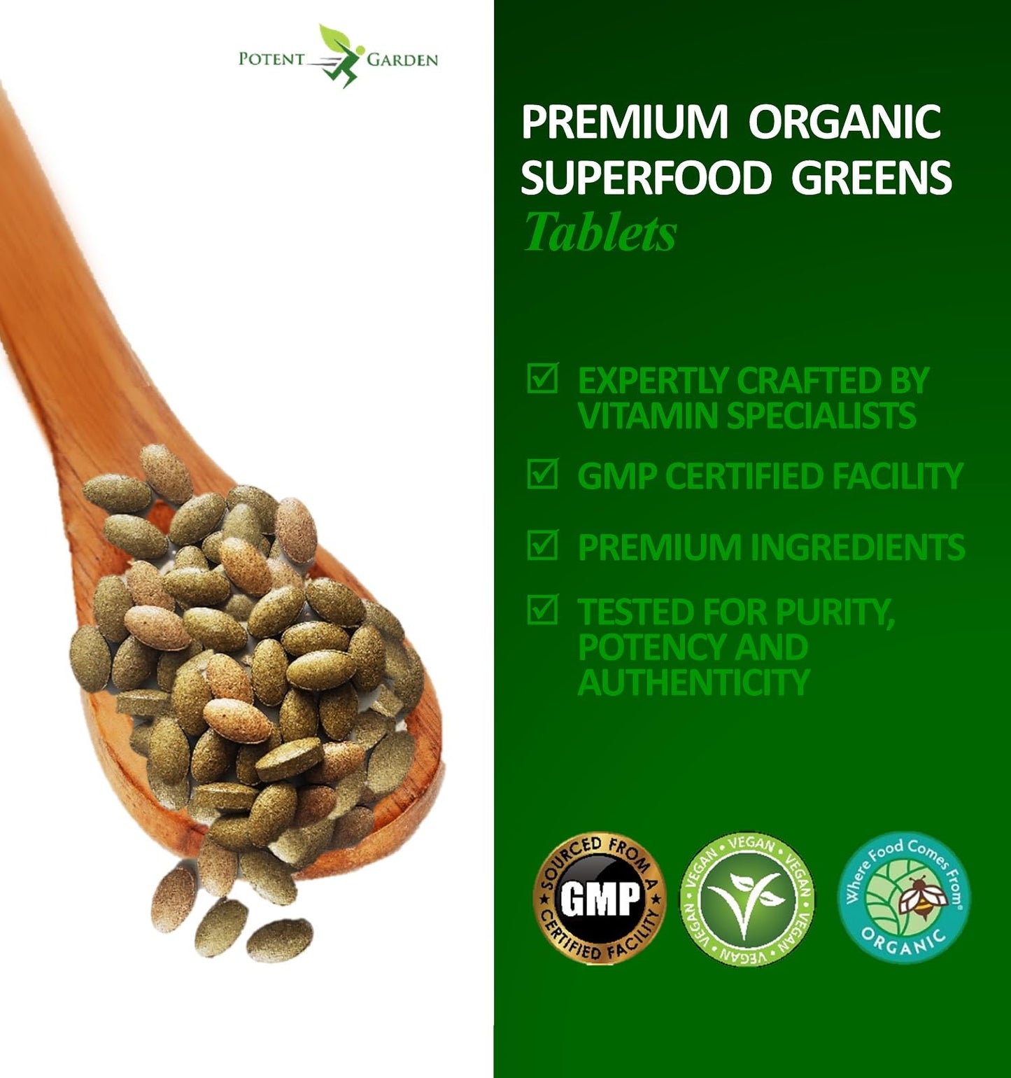 Potent Garden Organic Superfood Greens, Fruit and Veggies Supplement Rich in Vitamins & Antioxidants with Alfalfa, Beet Root & Tart Cherry to Boost Energy, Immunity & Gut Health, Greens Tablets 60 Ct Potent GardenBuy Supplements Australia