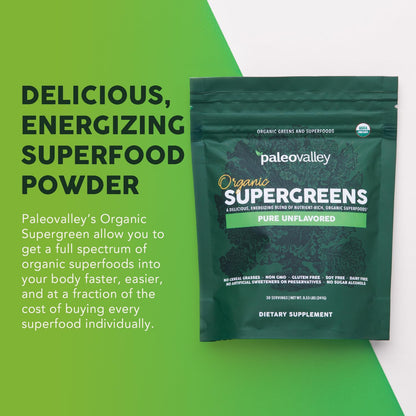 Paleovalley Organic Supergreens Powder - 23 Superfoods with Prebiotic Fiber for Energy and Immunity Support - No Cereal Grasses for Maximum Absorption - Pure Unflavored, 30 Servings PaleovalleyBuy Supplements Australia