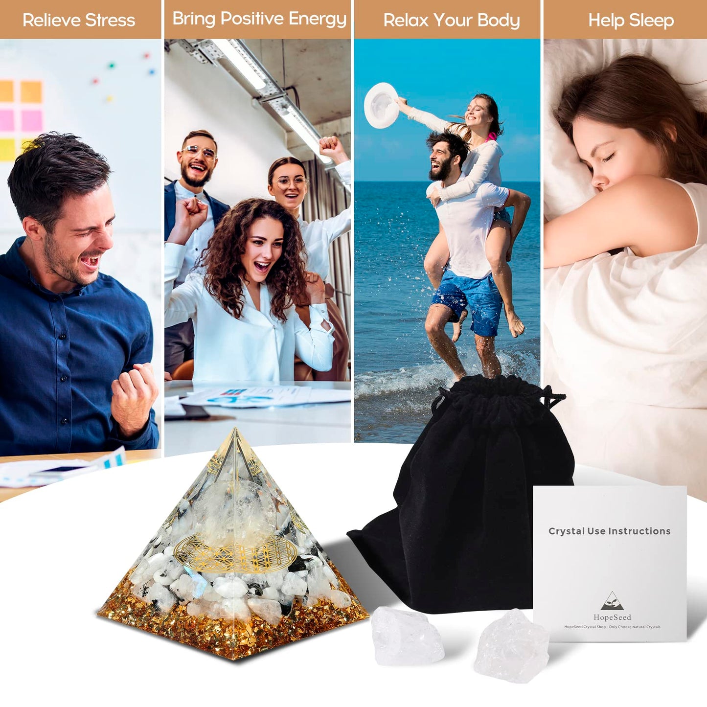 Hopeseed Orgone Pyramid for Positive Energy, Orgonite Rainbow Moonstone&White Crystal HopeseedBuy Supplements Australia