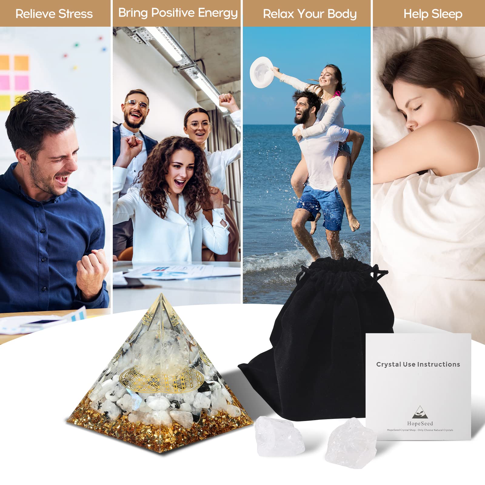 Hopeseed Orgone Pyramid for Positive Energy, Orgonite Rainbow Moonstone&White Crystal HopeseedBuy Supplements Australia