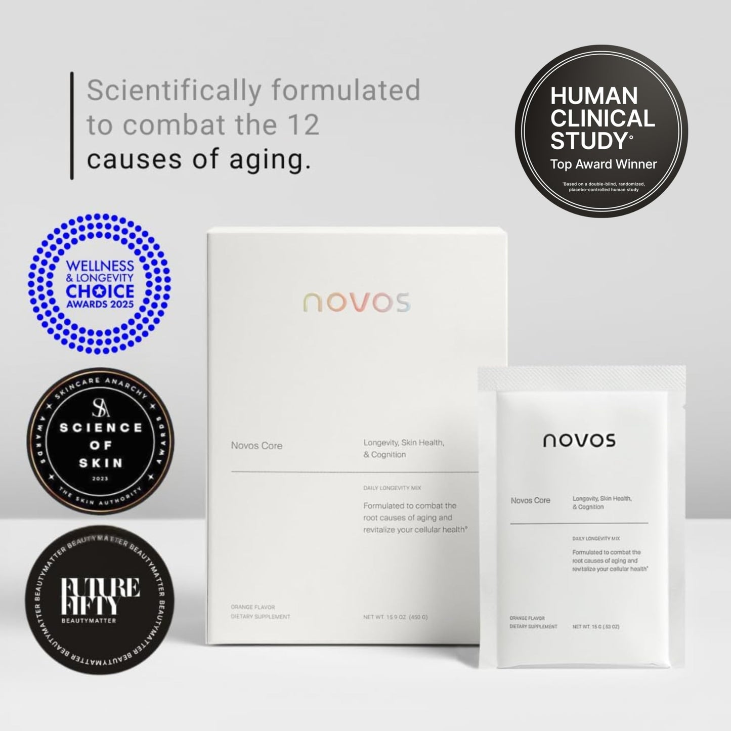 Novos Core Clinical Longevity Mix | Anti-Aging Supplement Drink Mix for Men & Women | Magnesium, L-Theanine, Fisetin and More | Supports Energy, Mood, Sleep & Cognition | Orange Flavor (30 Servings) NovosBuy Supplements Australia