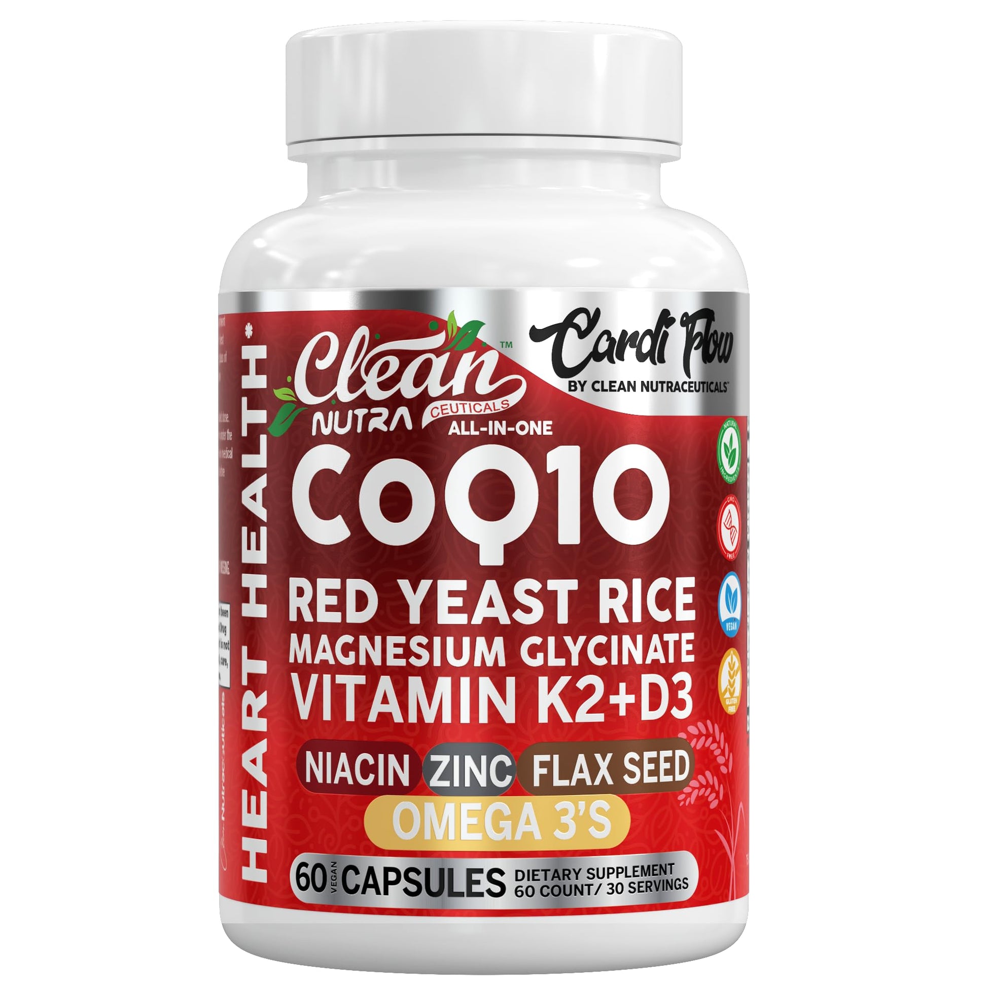 Clean Nutra CoQ10 Red Yeast Rice Magnesium Glycinate Vitamin K2 D3 Niacin Zinc Flax Seed Omega 3 Capsules 60 Count All in One Formula Premium Ingredients Dietary Supplement Clean NutraceuticalsBuy Supplements Australia