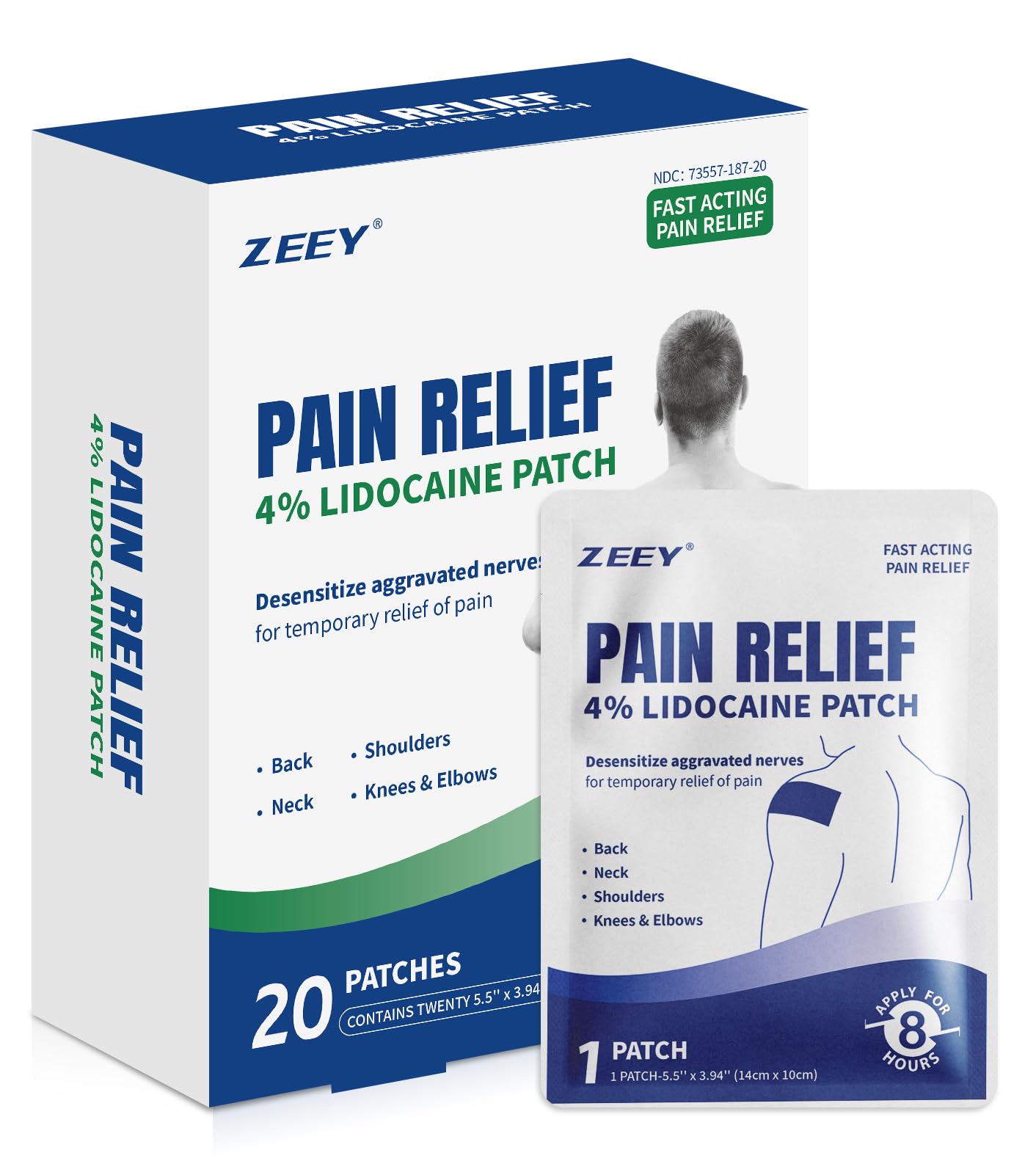 ZEEY 4% Lidocaine Pain Relief Patches, Maximum Strength OTC, for Back, Knee, Neck, Shoulders, Joints, Muscle Soreness, Fast Acting, Topical Anesthetic, Large Gel Patch, 5.5" x 3.94", 20Ct ZEEYBuy Supplements Australia