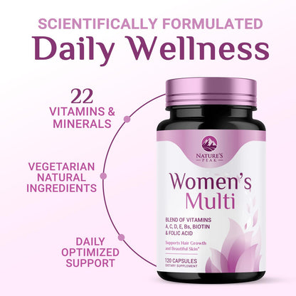 Multivitamin for Women - Complete Daily Womens Multivitamins with Calcium, Folate, Vitamin A, C, D, E & B Vitamins, Zinc and Iron - Multi Vitamins for Bone, Energy & Immune Support - 120 Capsules Nature's PeakBuy Supplements Australia