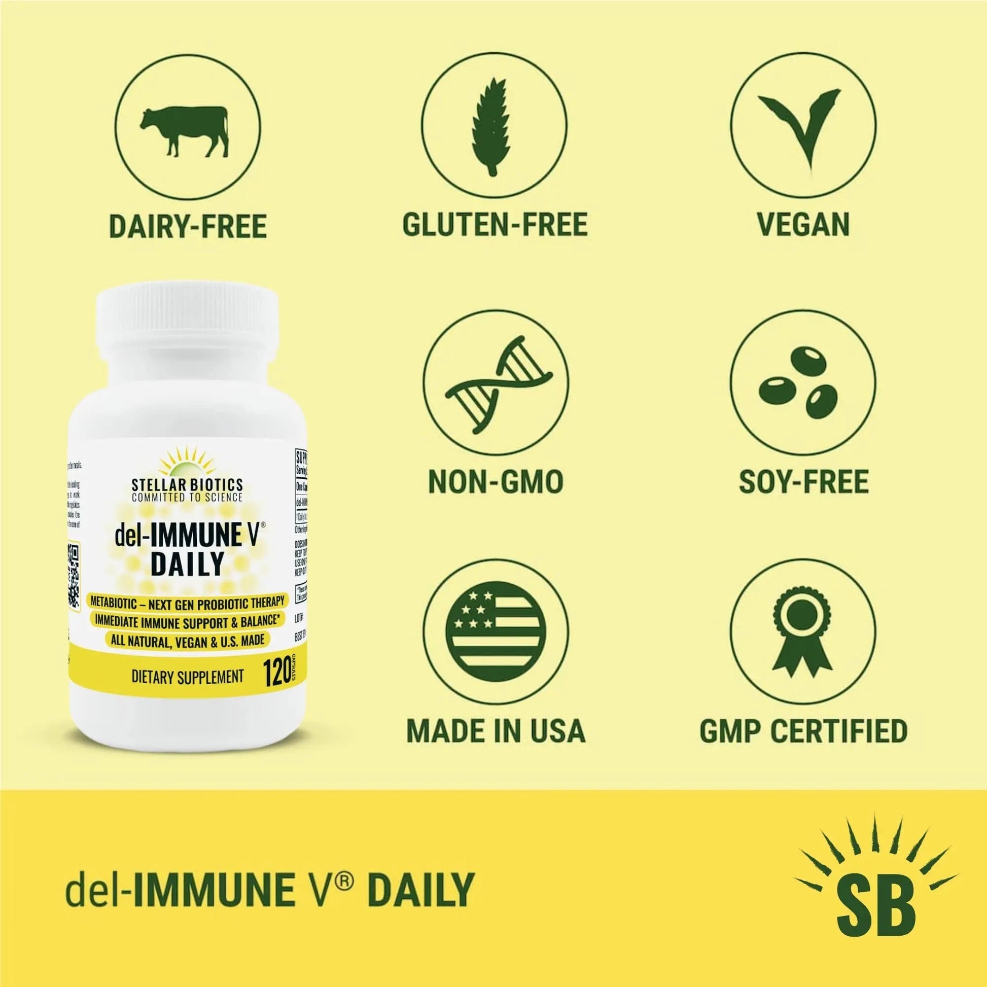 Del-Immune V® Daily by Stellar Biotics, All-Natural Immune Support & Gut Health, Immediate Care, Metabiotic: NextGen Probiotic Therapy (120 Caps) Del-Immune VBuy Supplements Australia
