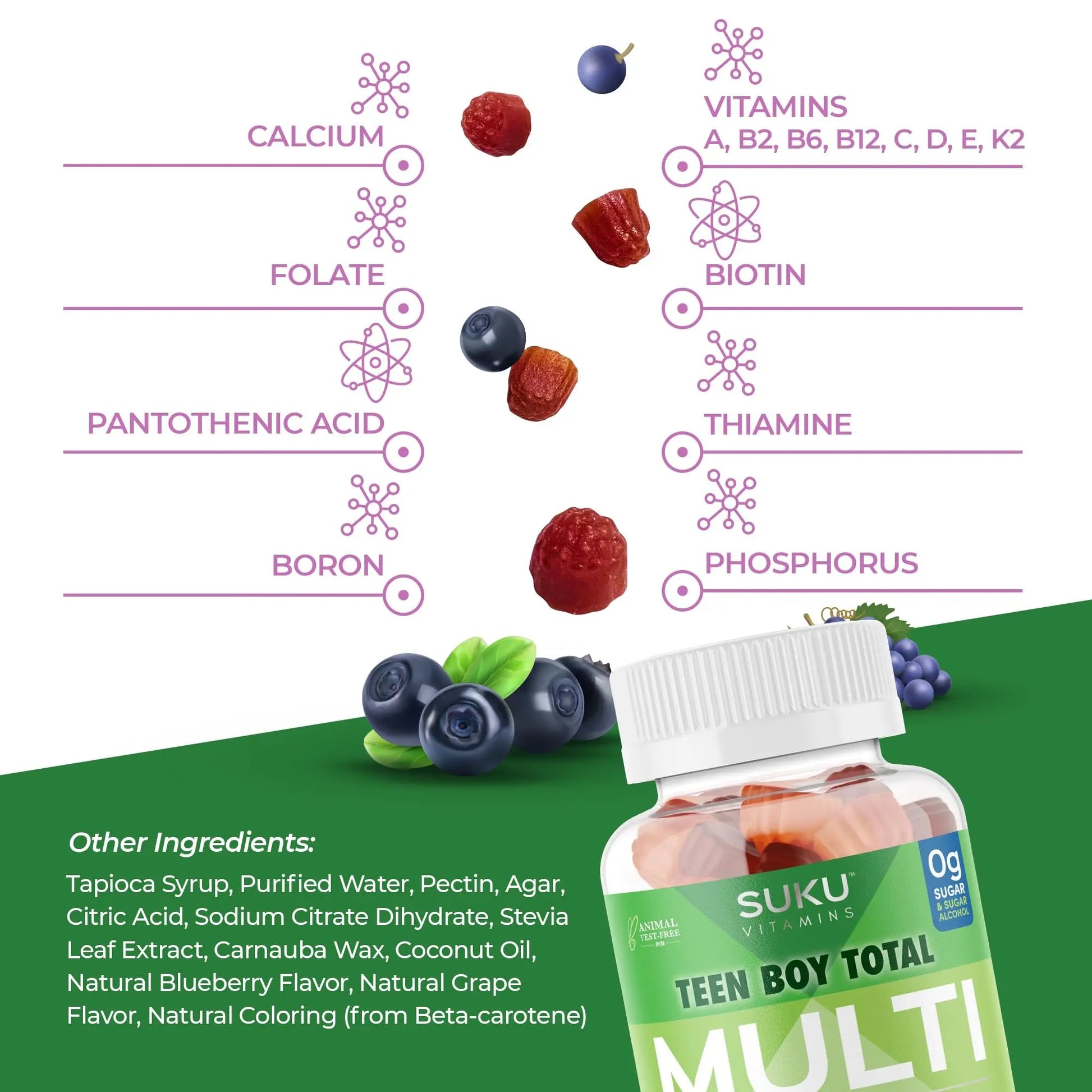 SUKU Teen Boy Multivitamin Gummies – Vitamins A, B12, C, D3, E, Zinc & Biotin – Sugar-Free Vegetarian Supplement SUKU