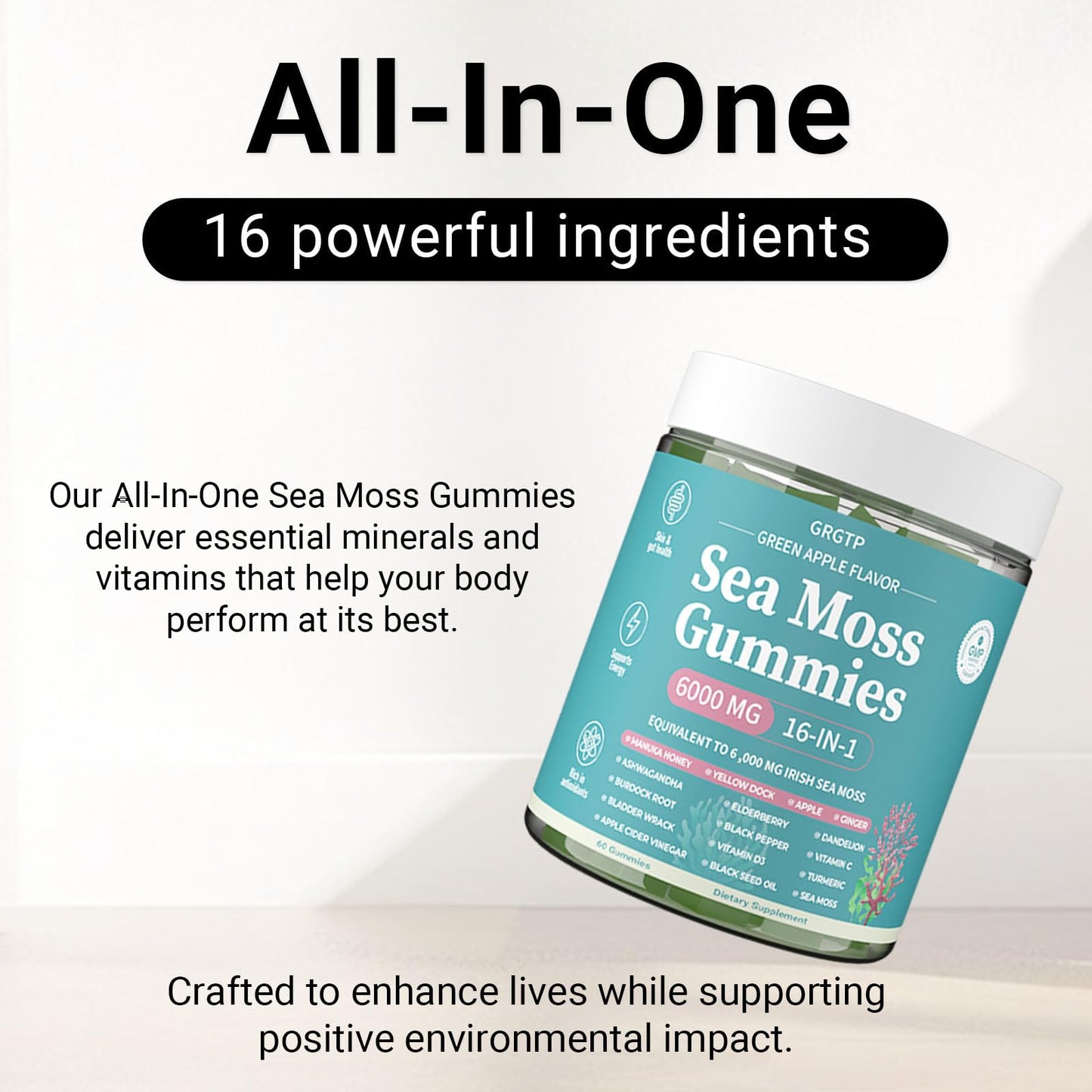 Sea Moss Gummies 16-in-1 - Ashwagandha Black Seed Oil Bladder Wrack Turmeric Vitamin C & D3 with Manuka Burdock Root Dandelion Yellow Dock Natural Detox & Liver Health Immune Support, Energy Boost GRGTPBuy Supplements Australia