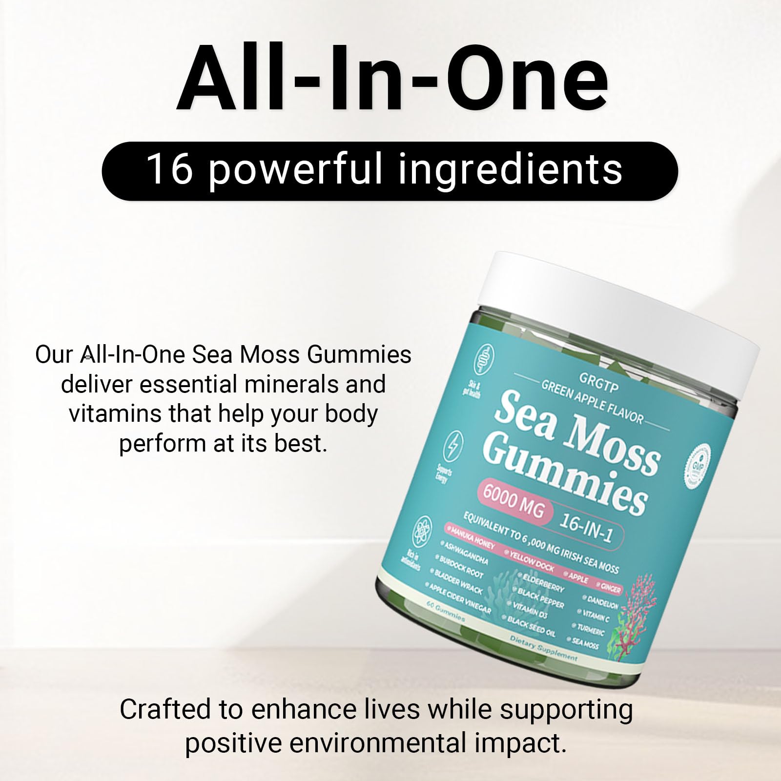 Sea Moss Gummies 16-in-1 - Ashwagandha Black Seed Oil Bladder Wrack Turmeric Vitamin C & D3 with Manuka Burdock Root Dandelion Yellow Dock Natural Detox & Liver Health Immune Support, Energy Boost GRGTPBuy Supplements Australia