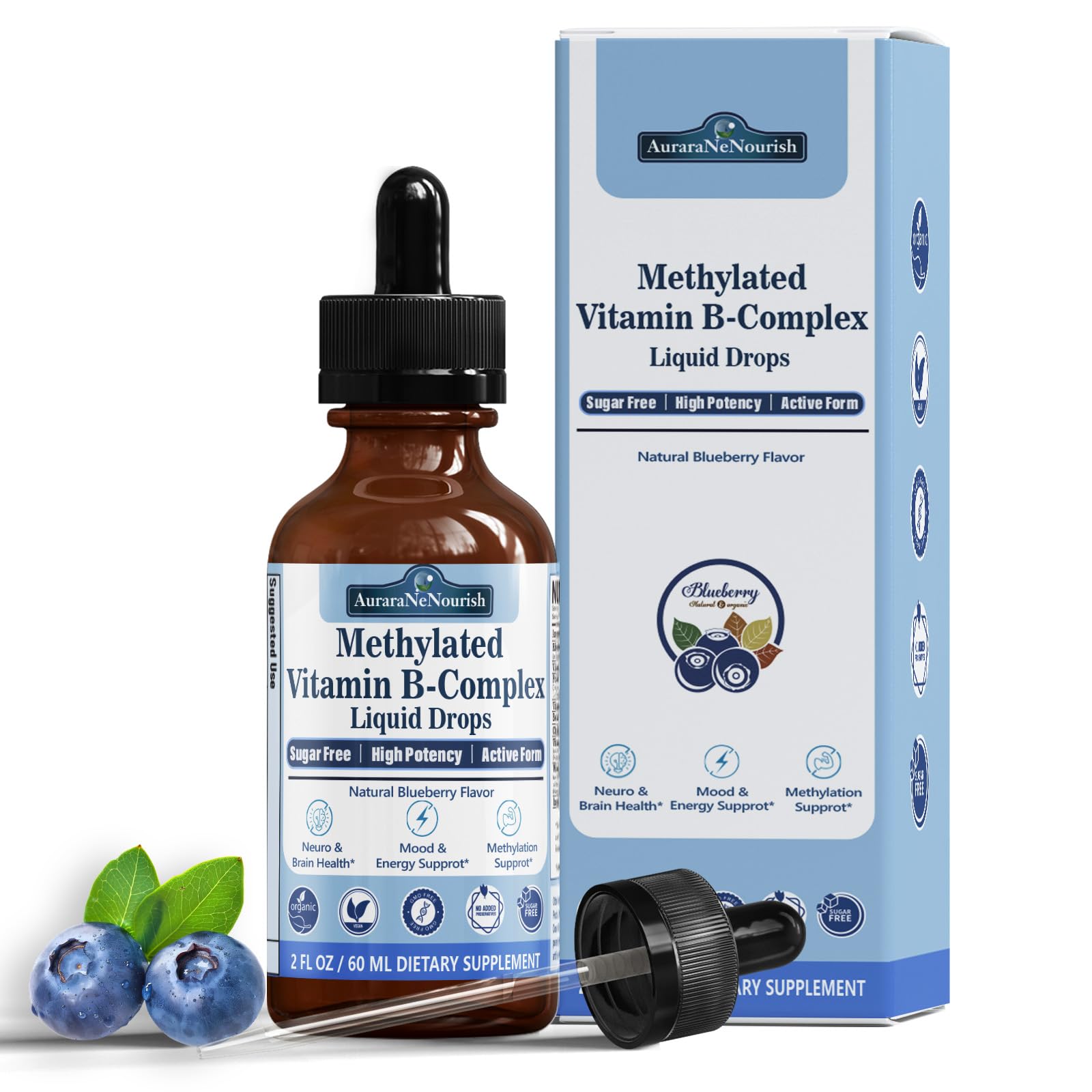 Methylated B Complex Liquid Drops, Complete Methyl B Complex Multivitamin w. 5-MTHF MethylFolate Inositol & Choline, Super B-Complex Methylated for MTHFR Support, Energy Mood Nerve & Brain Health AuraraNeNourishBuy Supplements Australia