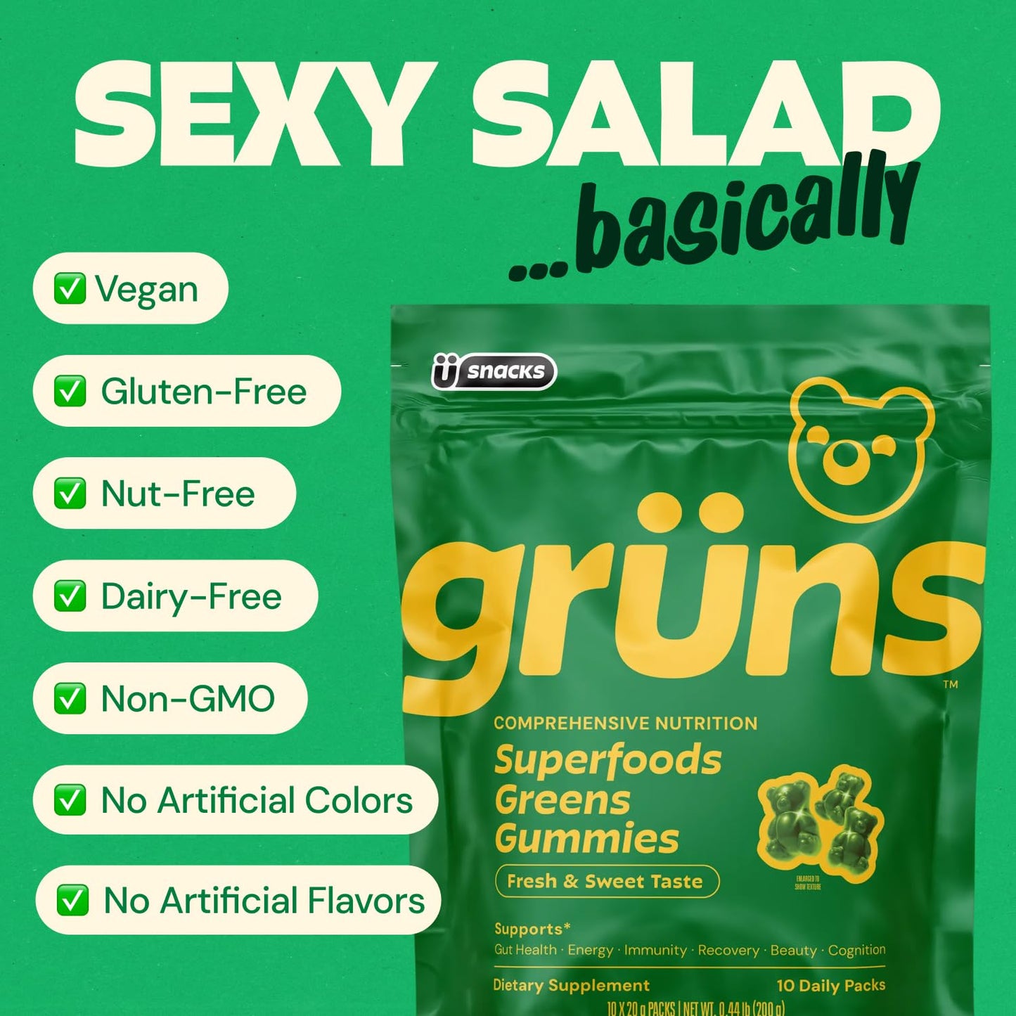 Gruns Adult Super Greens Multivitamin Gummies, Superfood Gummy Vitamins for Women and Men with Spirulina, Chlorella
