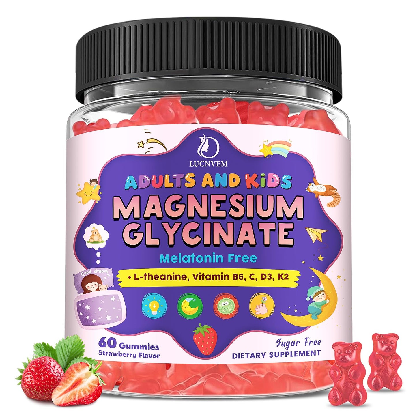 Magnesium Glycinate Gummies for Kids 4+ & Adults- Magnesium Glycinate 150/300 mg for Natural Sleep, Relaxation & Calm Support, Melatonin Free, Sugar Free Strawberry Flavor, 60 Ct LUCNVEMBuy Supplements Australia