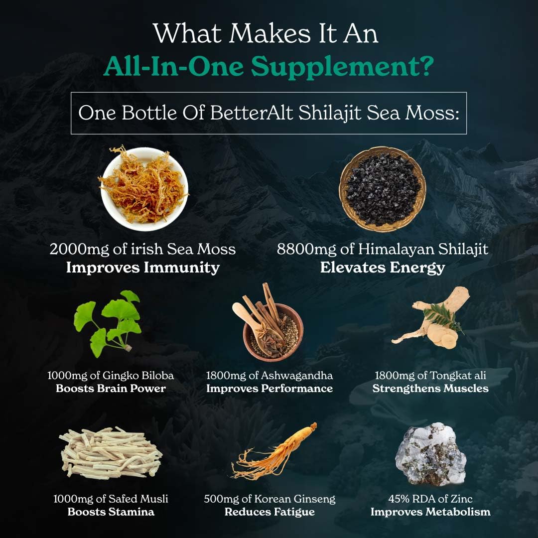Better Alt Shilajit Sea Moss Capsules Pack of 2 with Ashwagandha & Black Pepper Extract with 85+ Essential Minerals & Antioxidants| Boosts Energy & Metabolism - 120 Servings, 240 Capsules Better AltBuy Supplements Australia