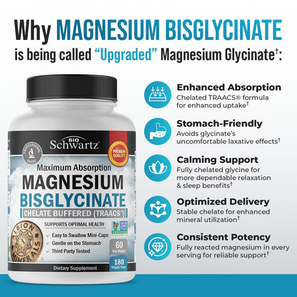 Magnesium Bisglycinate Chelated Supplement - High Absorption Magnesium Glycinate Supplement for Women and Men - Sleep, Muscle, Bone & Joint Support