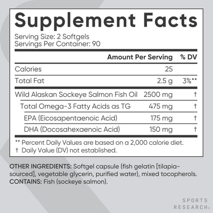 Sports Research® Salmon Oil - Single-Source Wild Alaskan Sockeye | 2500 mg per Serving w/EPA & DHA Fatty Acids | MSC Certified - 180 Count Softgels Sports ResearchBuy Supplements Australia