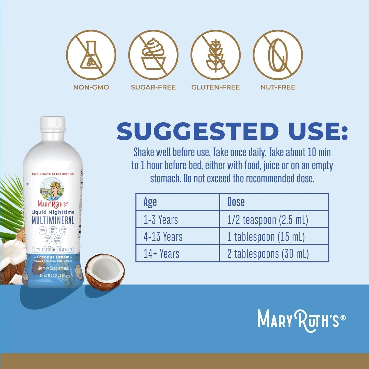 MaryRuth's Multivitamin Gummies for Women (Strawberry) & Liquid Nighttime Multimineral (Coconut, 15.22oz) | Clean Label Project Verified MARYRUTH'S
