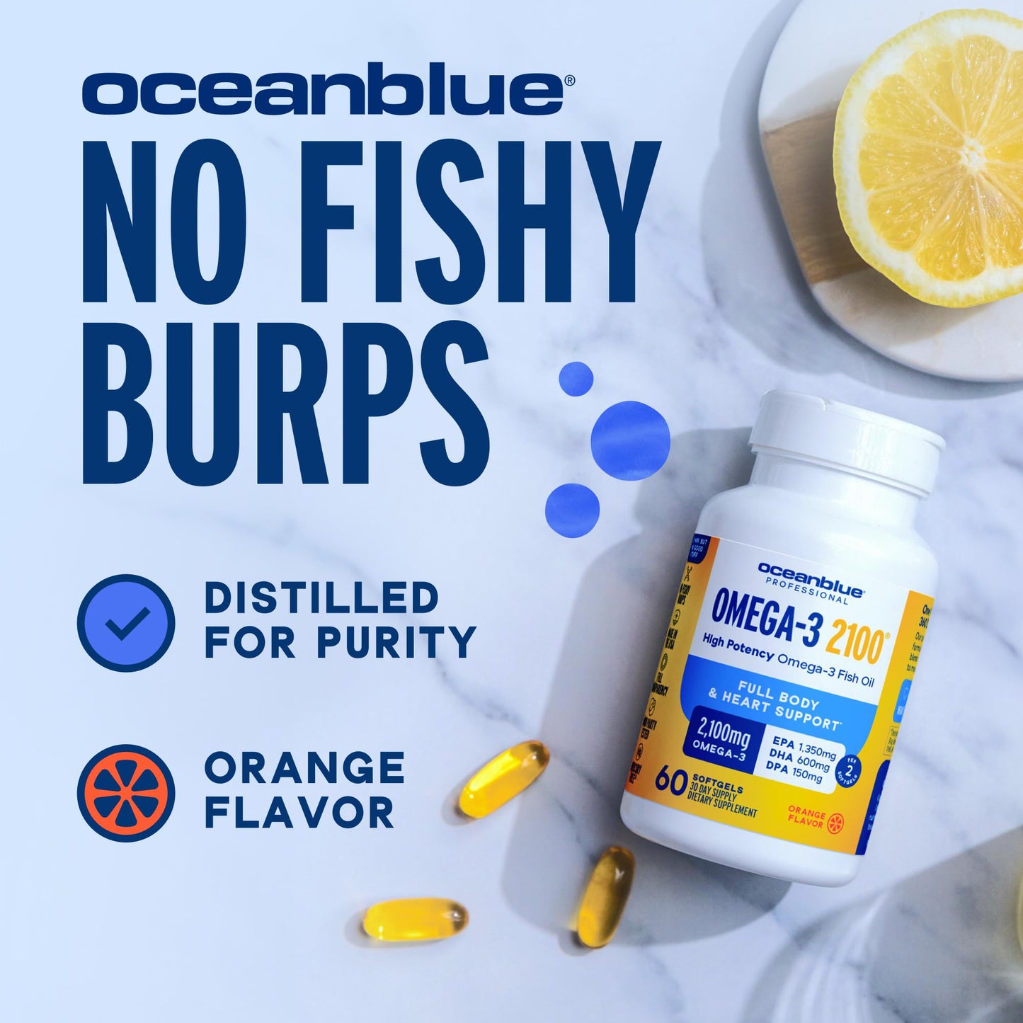 Oceanblue Professional Omega-3 2100mg Fish Oil Supplement – Triple Strength, High Potency EPA, DHA & DPA – Burpless, Wild-Caught, Natural Orange Flavor – 120 Count (Pack of 1) OceanblueBuy Supplements Australia