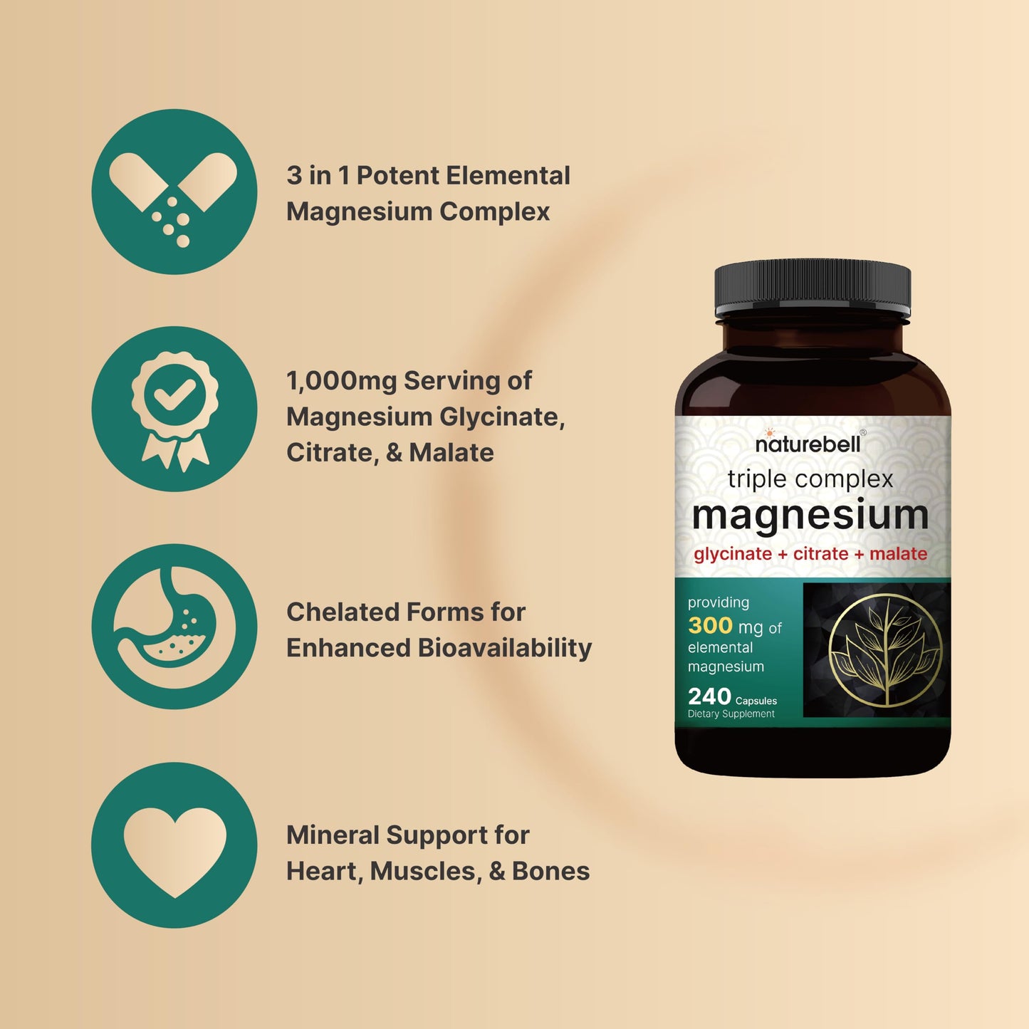 Triple Complex Magnesium Supplement, 240 Capsules | Magnesium Glycinate 500mg NatureBellBuy Supplements Australia