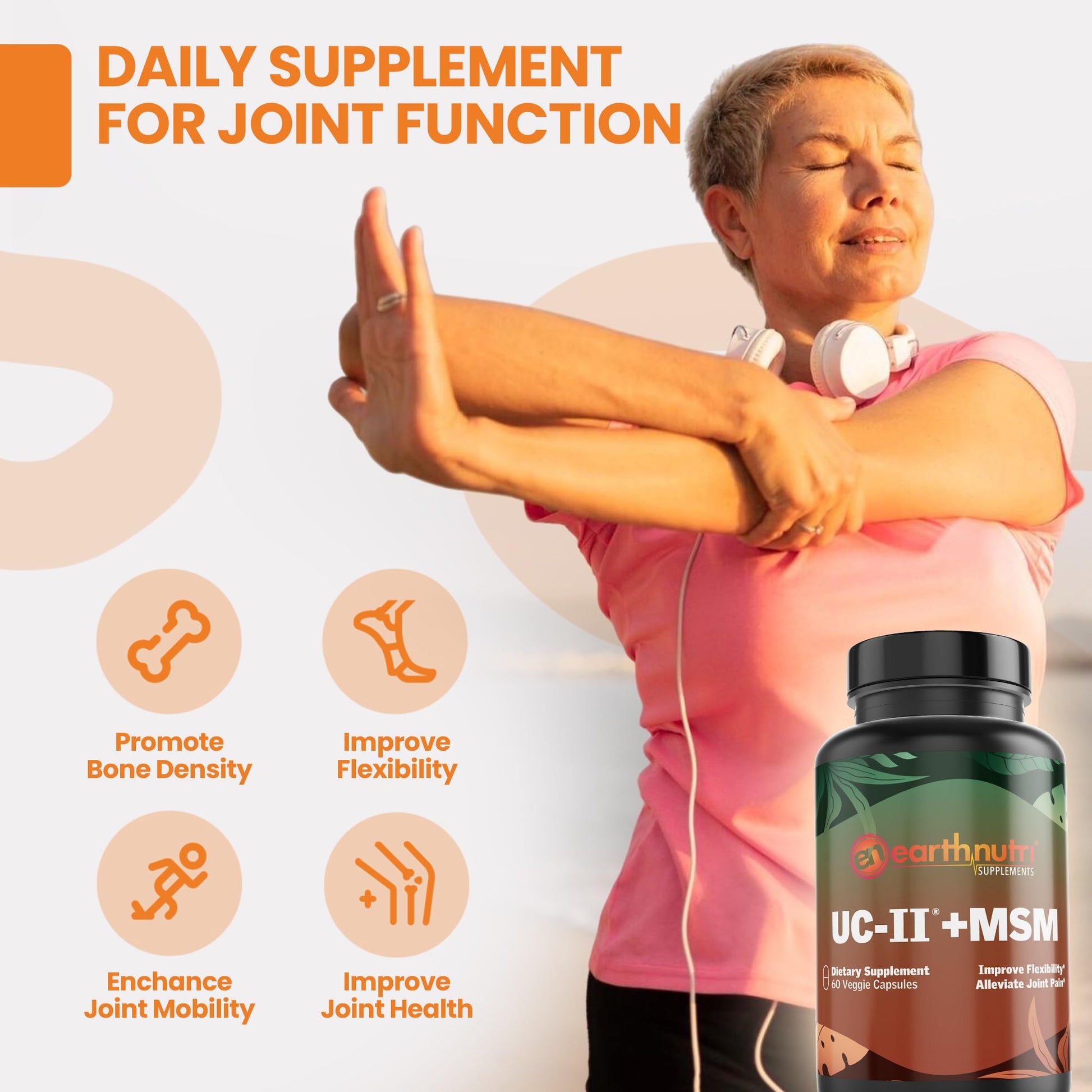 EarthNutri UC-II Collagen & MSM Supplement for Bone Health and Joint Flexibility Joint Supplement - 40mg UC-II Providing 10mg Total Collagen & 1000mg MSM - 60 Capsules (2 Caps Daily) EarthNutriBuy Supplements Australia