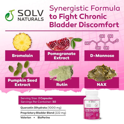 SOLV NATURALS CYSTASOLV Bladder & Pelvic Discomfort Formula - Enjoy Less Urgency & Flares* with Daily IC/BPS UTI Support – Premium Bladder & Urinary Support for Women & Men - 60 Vegan Capsules SOLV NATURALSBuy Supplements Australia