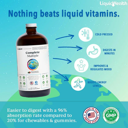 LIQUIDHEALTH Complete Multiple Adult Liquid Multivitamin - Essential Vitamins, Minerals & Nutrients, Immune Support, Gut Health, Energy, Detox LIQUIDHEALTH