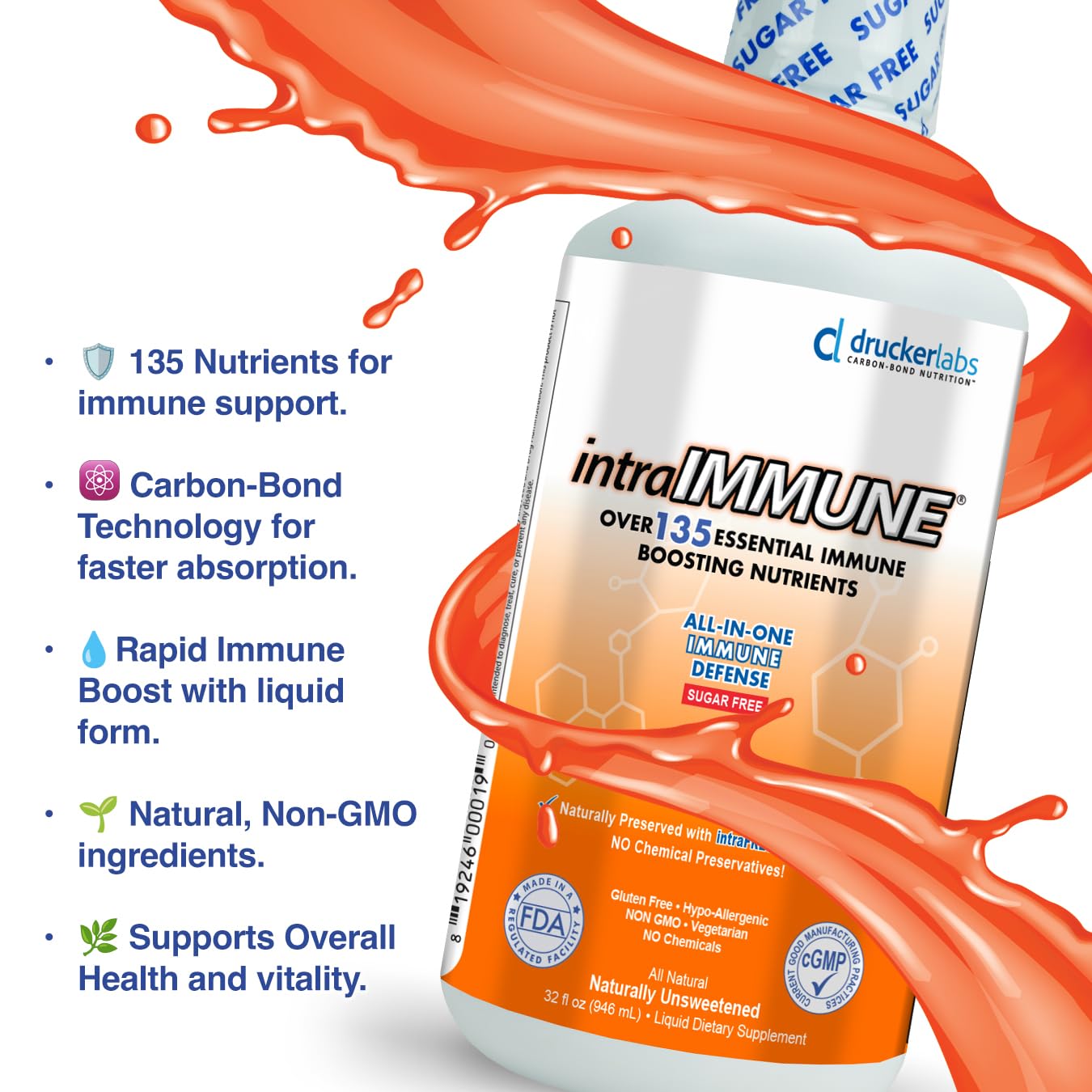 Drucker Labs -intraIMMUNE Organic Liquid Daily Immune & Defense Support, Multivitamin, Elderberry, Echinacea, Zinc, Vitamin D, C E, Vegan, Non GMO, Gluten Free (32 oz., Sugar Free Peach Berry) intraIMMUNEBuy Supplements Australia