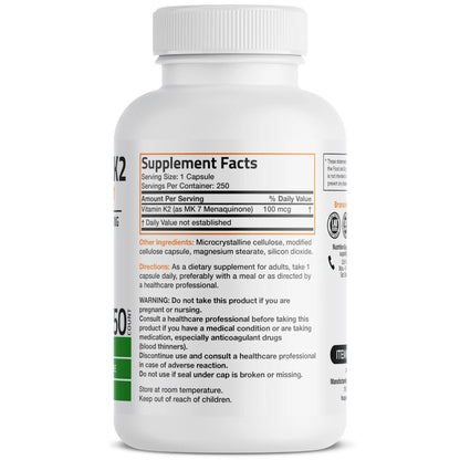 Bronson Vitamin K2 as MK-7 Menaquinone 100 mcg Non-GMO, 250 Capsules BronsonBuy Supplements Australia