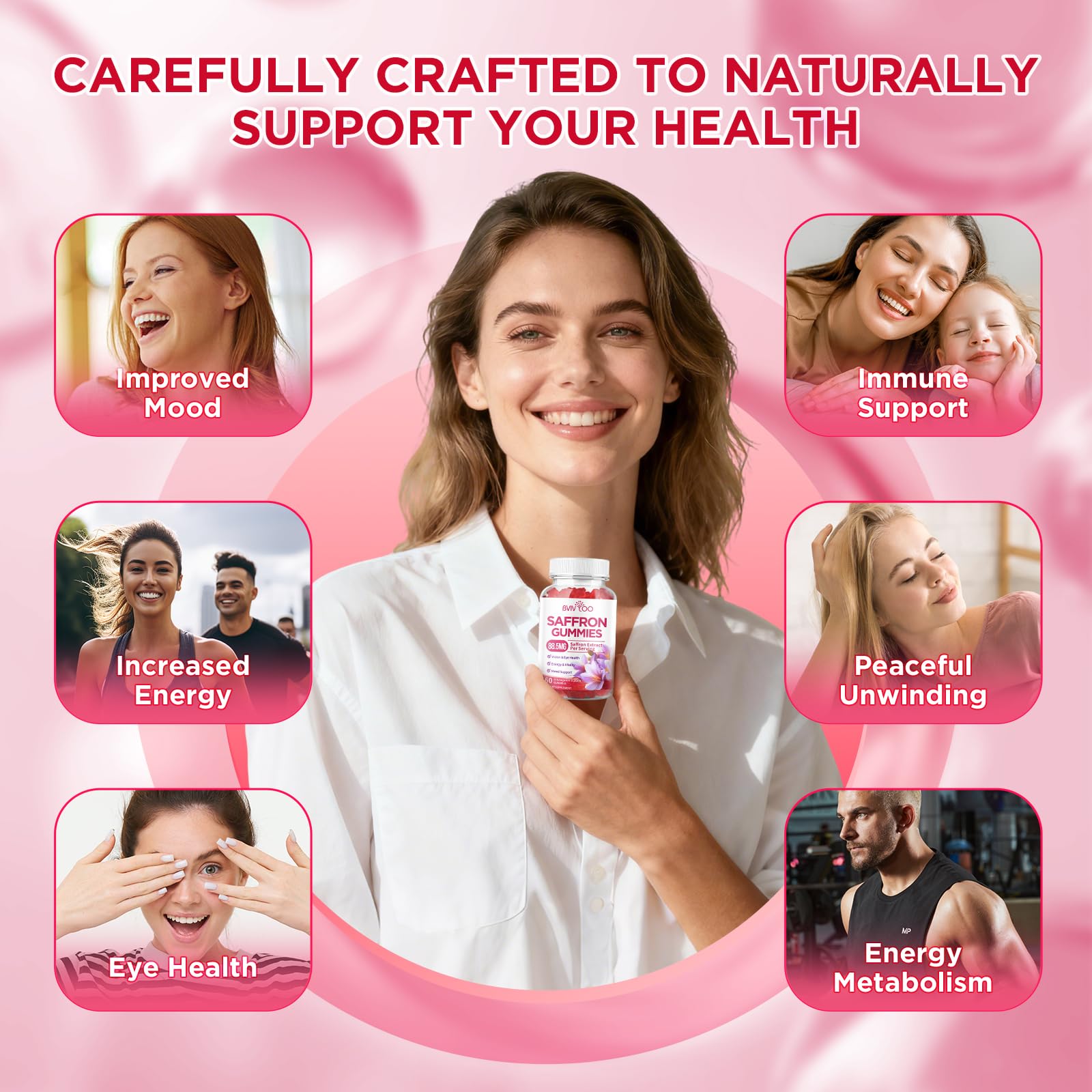 Saffron Gummies for Adult Kids, 10-IN-1 Formula with Saffron 88.5mg, Vitamins D3 & B6, Magnesium, Zinc, Ashwagandha, L-Theanine, St. John's Wort - Supports Mood & Focus, Strawberry Flavor, 60 Count BVIVLOOBuy Supplements Australia