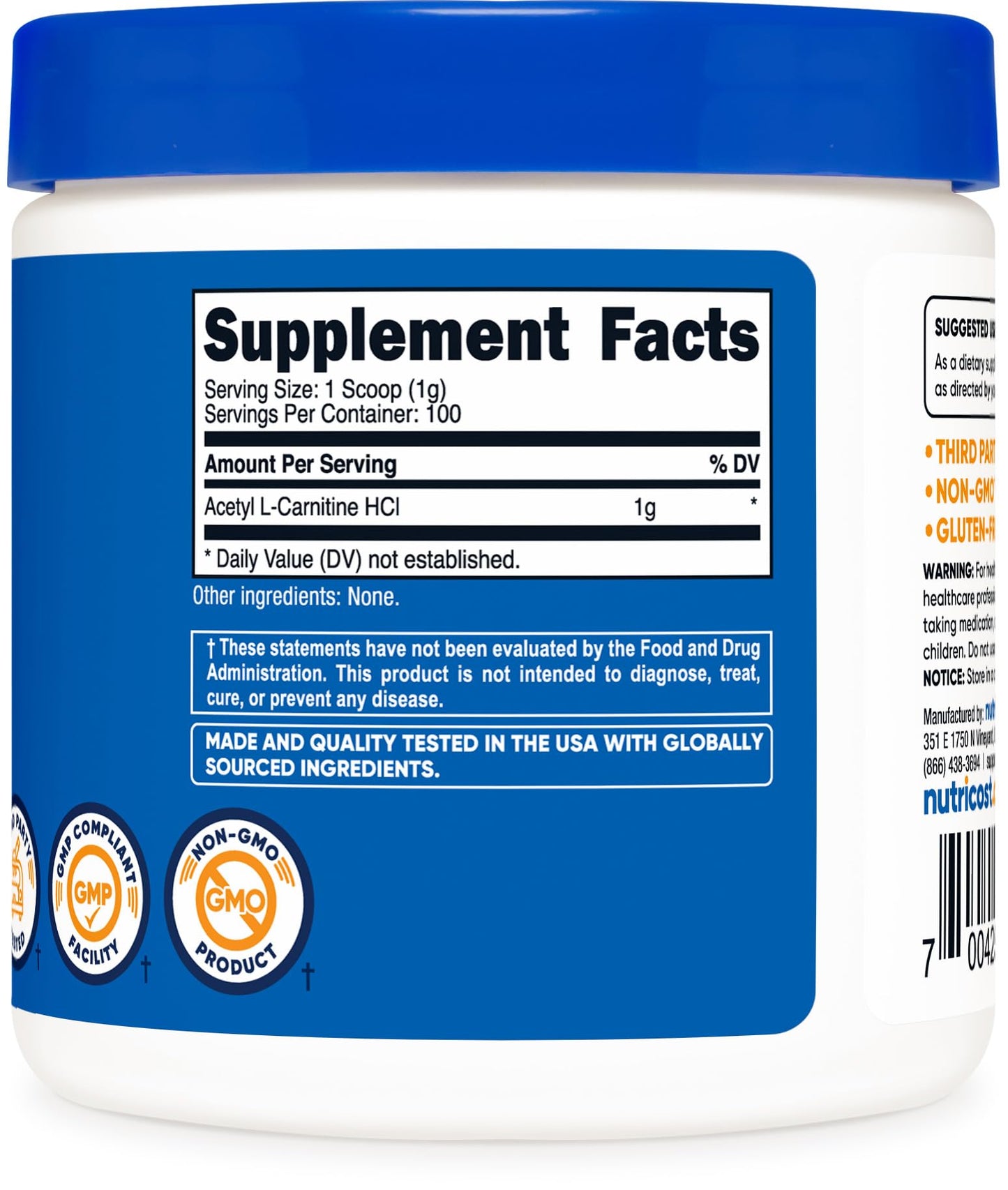 Nutricost Acetyl L-Carnitine (ALCAR) 100 Grams - 1000mg Per Serving - Non-GMO, Gluten Free NutricostBuy Supplements Australia