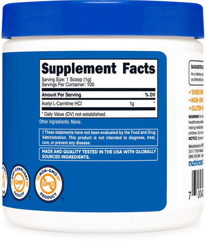 Nutricost Acetyl L-Carnitine (ALCAR) 100 Grams - 1000mg Per Serving - Non-GMO, Gluten Free NutricostBuy Supplements Australia