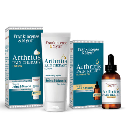 FRANKINCENSE & MYRRH Combo Pack - Arthritis Pain Relief Rubbing Oil 2 oz. and Arthritis Pain Reliever Therapy Cream for Joints & Sciatica Relief, 3 oz., Hydrating Lotion with Essential Oils FRANKINCENSE & MYRRHBuy Supplements Australia