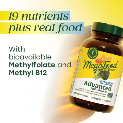 MegaFood Advanced Multivitamin for Men 55+, Mens Multivitamins 50 Plus, Methylated B12, Methyl folate, Choline, Vitamin D, Brain & Muscle Health, Immune Support, Vegetarian - 120 Tablets (60 Servings) MegaFoodBuy Supplements Australia
