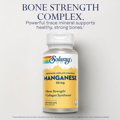 SOLARAY Manganese Supplement 50 mg - Essential Trace Minerals - Advanced Trace Mineral Supplements for Bone Strength and Bone Health Support - Lab Verified, 60-Day Guarantee, 100 Servings, 100 VegCaps SOLARAYBuy Supplements Australia