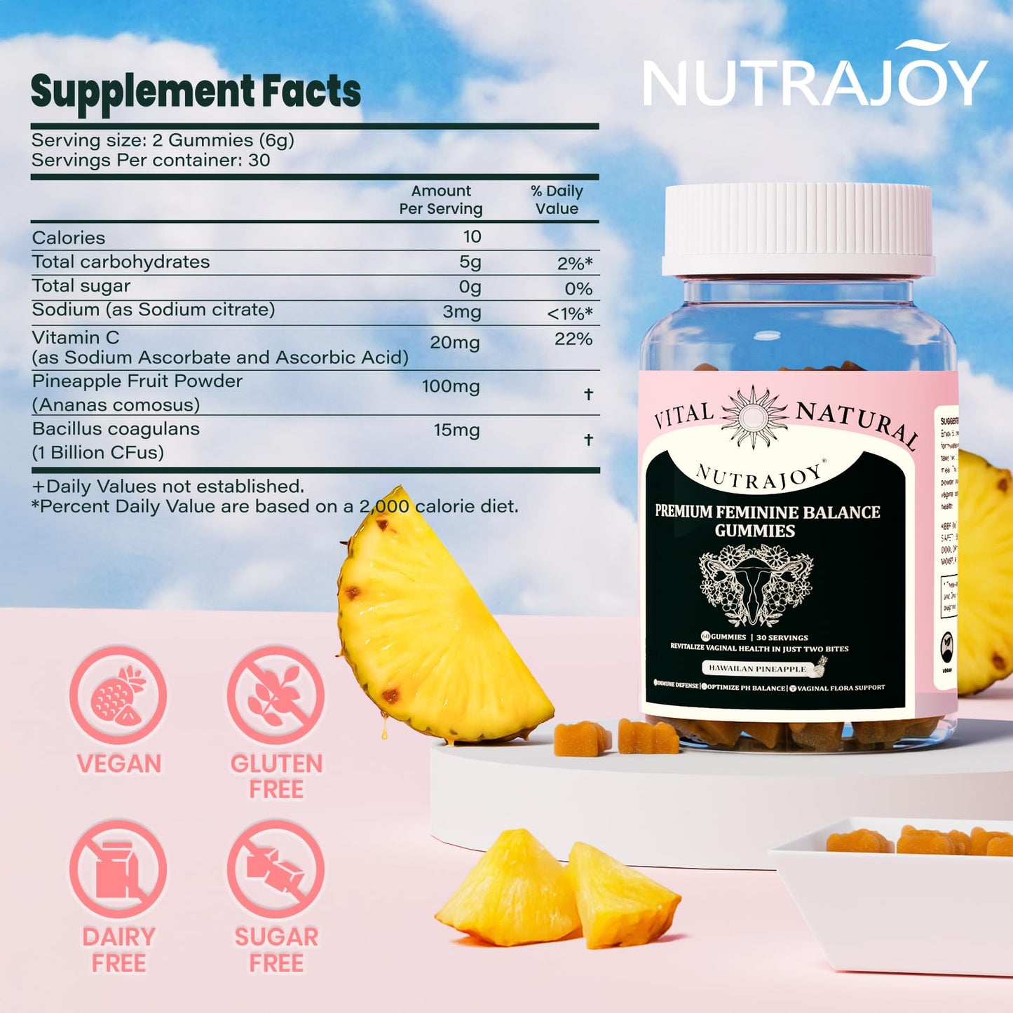 NUTRAJOY Premium Feminine Balance Gummies, for Women's Ph Health, Vaginal Wellness Support, Immune Support, Energy Support, Hawaiian Pineapple, Vegan Gluten-Free, 60 Gummies NUTRAJOYBuy Supplements Australia