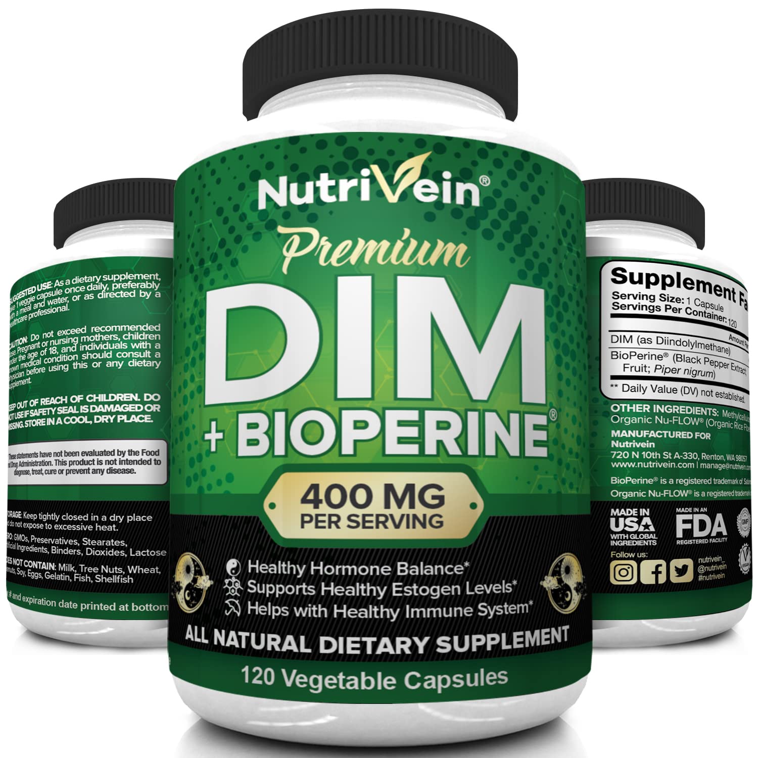 Nutrivein DIM Supplement 400mg Diindolylmethane Plus Bioperine - Maintain Hormone NutriveinBuy Supplements Australia