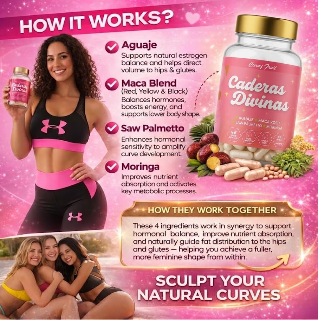 Caderas Divinas : Bigger Booty & Wider Hips – Aguaje + Maca Pills with Moringa & Saw Palmetto – 4 Super Ingredients for Natural Curve Growth – by CurvyFruit – 60 Capsules Curvy FruitBuy Supplements Australia