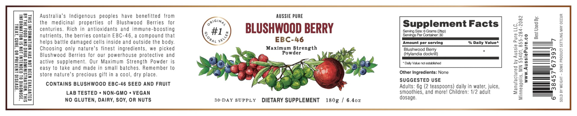 Aussie Pure Blushwood Berry Powder EBC-46 - Maximum Strength Immune and Cell Support - Contains The Fruit and Seed - 180g/6.4oz Per Container Aussie PureBuy Supplements Australia