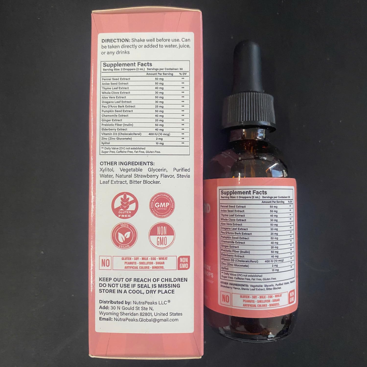 NutraPeaks Kids Liquid Botanical Drops – Natural Blend with Prebiotics, Chamomile, Ginger & Elderberry – Sugar-Free, Alcohol-Free, Non-GMO – 2 fl oz NutraPeaksBuy Supplements Australia