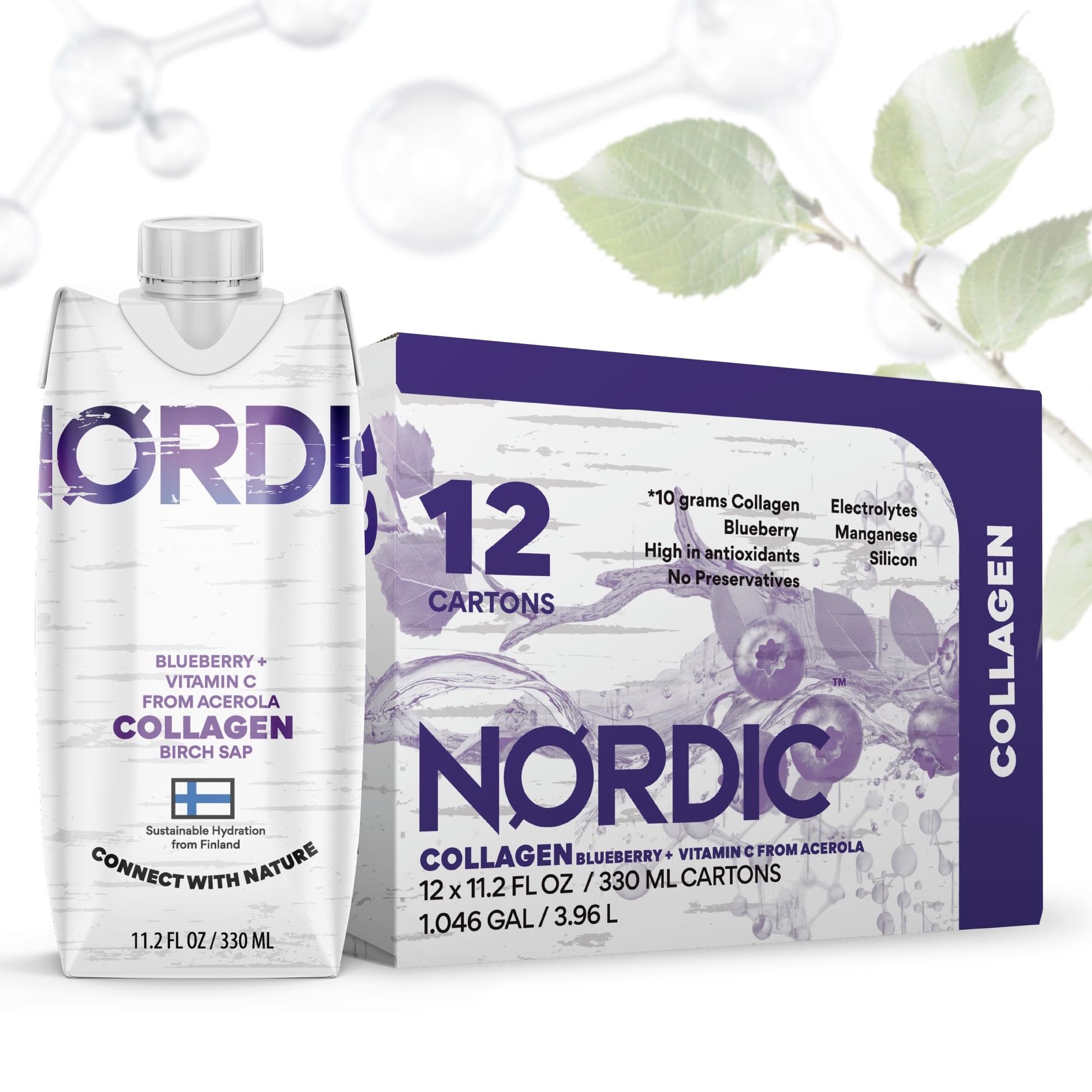 Nordic Liquid Collagen Peptide Drink, Organic Birch Sap, Wild blueberry + Vitamin C, Made in Finland - 10g Clinically Studied Grass Fed Collagen Peptides for Skin Hair Nails & Joint Support, with Silica, BPA-Free Beverage (12 Pack) Nordic Tree WaterBuy Supplements Australia