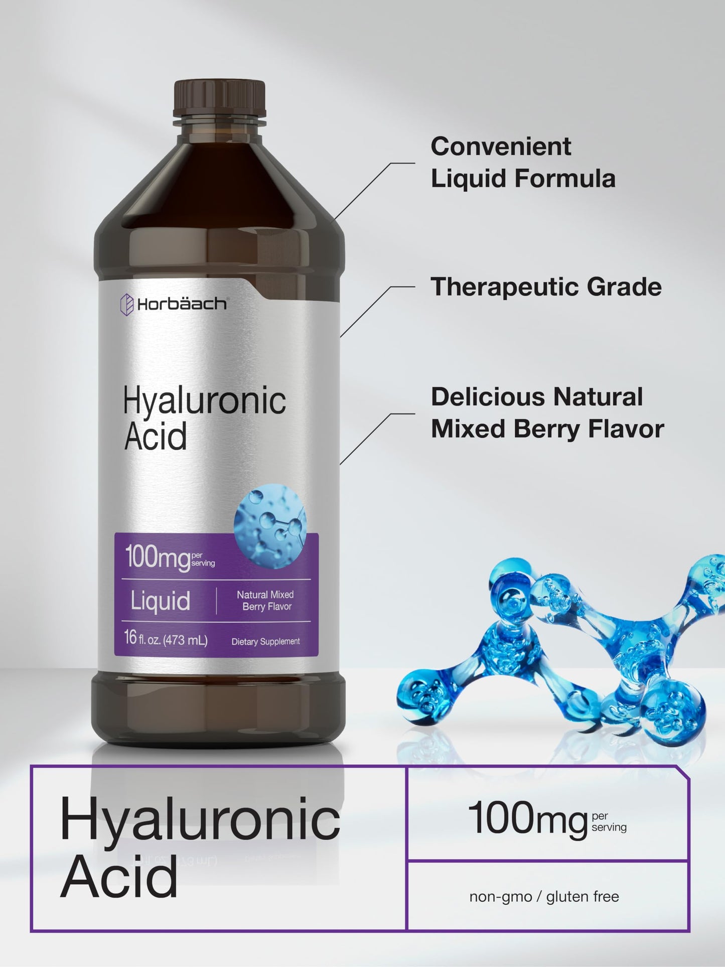 Liquid Hyaluronic Acid Supplement | 100 mg | 16 oz | Mixed Berry Flavor | Non-GMO HorbäachBuy Supplements Australia