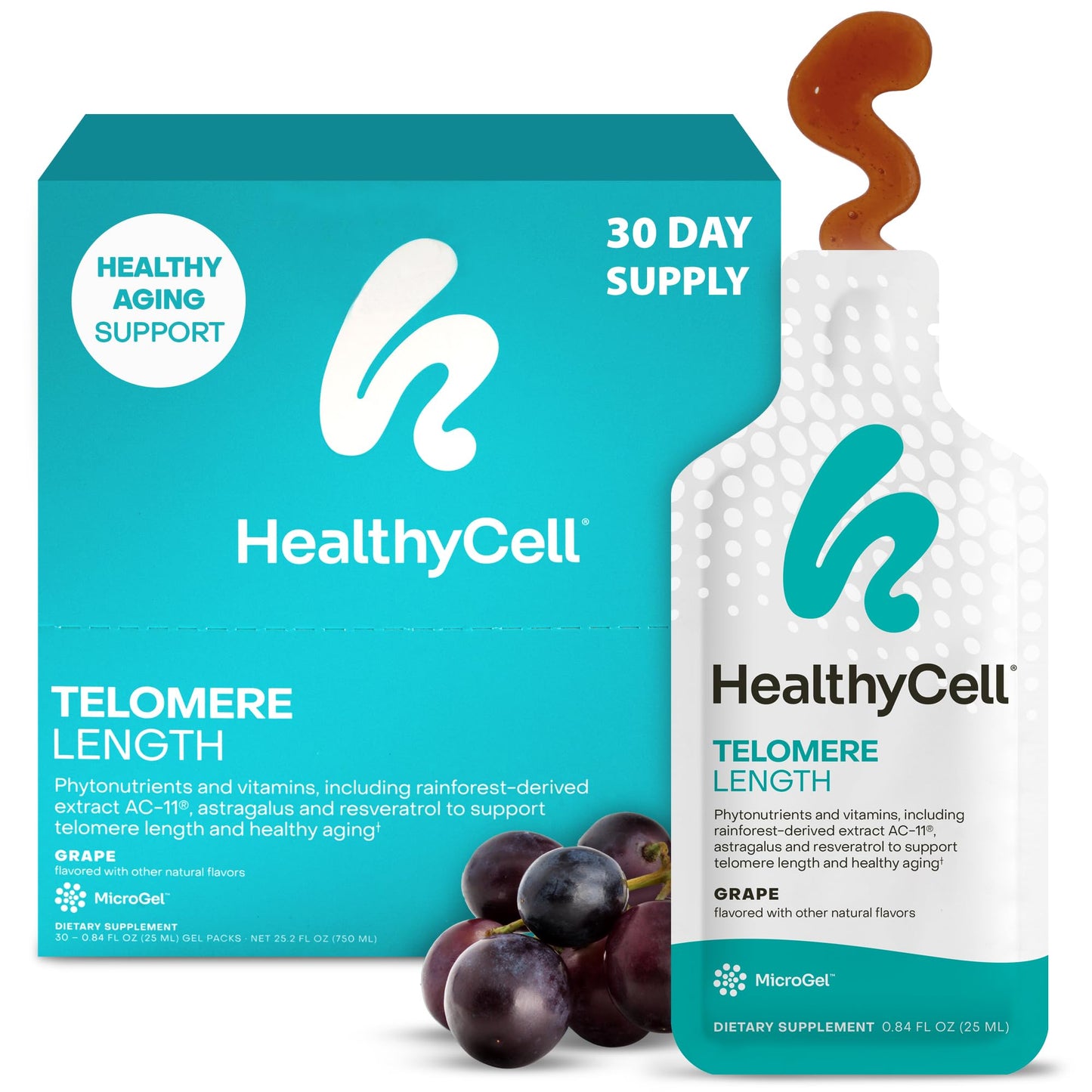 HealthyCell Telomere Length Supplement - Anti-Aging Telomere Lengthening Supplements with Phytonutrients & Vitamins for Cellular Health - AC-11, Astragalus & Resveratrol - 30 Gel Packs, Grape Flavored HealthycellBuy Supplements Australia