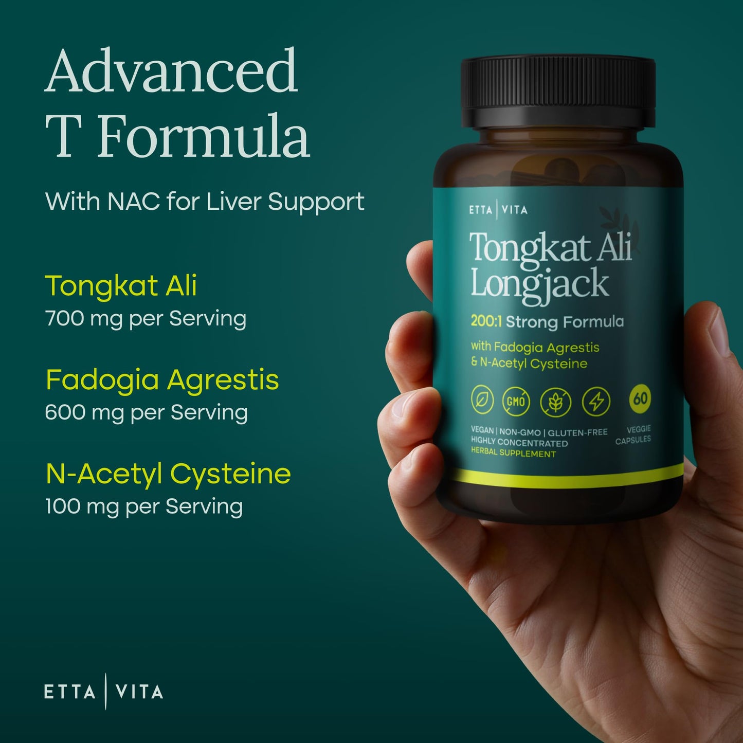 Potent Longjack - Tongkat Ali & Fadogia Agrestis Supplement for Men & Womens Energy, T Support, Lean Muscle Growth & Recovery, Hormonal Balance, Pre-Workout with Vegan NAC Liver Detox & Cleanse Etta VitaBuy Supplements Australia