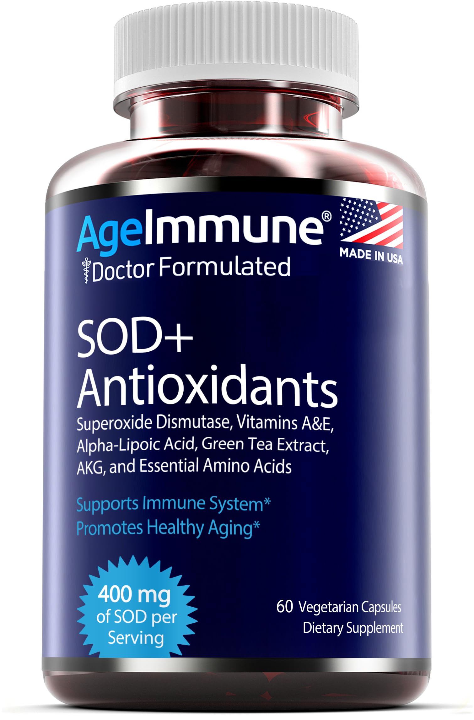 SOD Antioxidants Complex Healthy Aging Supplement - 400mg of Superoxide Dismutase - Alpha Lipoic Acid - L-Arginine -Lysine - AKG - Vitamin A - Vitamin E for Immune Support-60 Capsules AgeImmuneBuy Supplements Australia