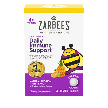 Zarbee's Kids Immune Support, Vitamin C, D & Zinc Daily Immunity Vitamins for Children 4+ Years, Natural Tropical Fruit Flavor, 28 Chewable Tablets Zarbee's