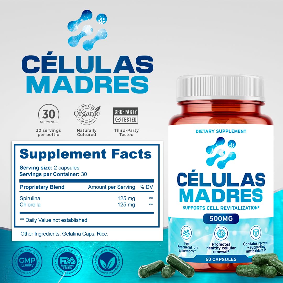 Stem Cell Supplements 500mg (60 Cap) Natural Anti-Aging & Longevity Support with Spirulina & Chlorella, Boost Cellular Renewal, Restore Youthful Energy, Reduce Joint Soreness – Celulas Madre AURA VITAMINSBuy Supplements Australia