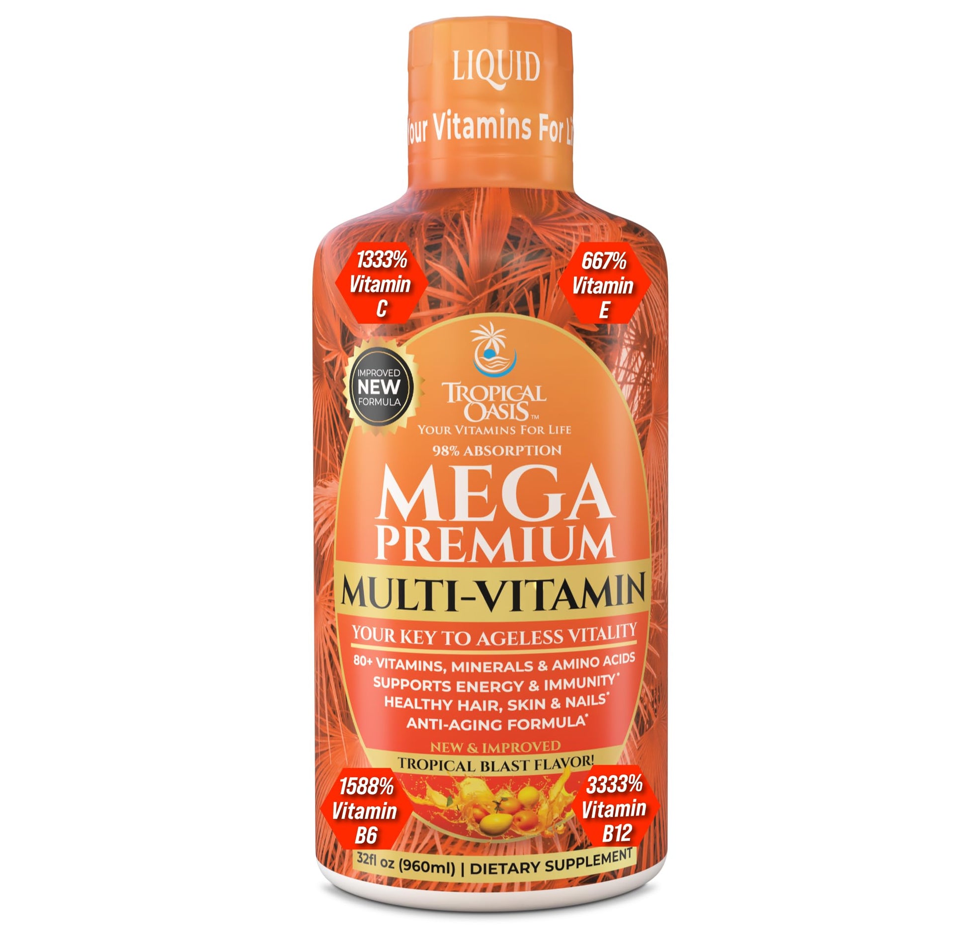 Mega Premium Liquid Multivitamin | Natural Immune Support Vitamin w/ 1333% Vitamin C, 200% D3, Zinc + 20 Vitamins, 70 Minerals, & 21 Amino Acids | Sugar Free | Orange Flavor | 98% Absorption | 32 Serv Tropical OasisBuy Supplements Australia