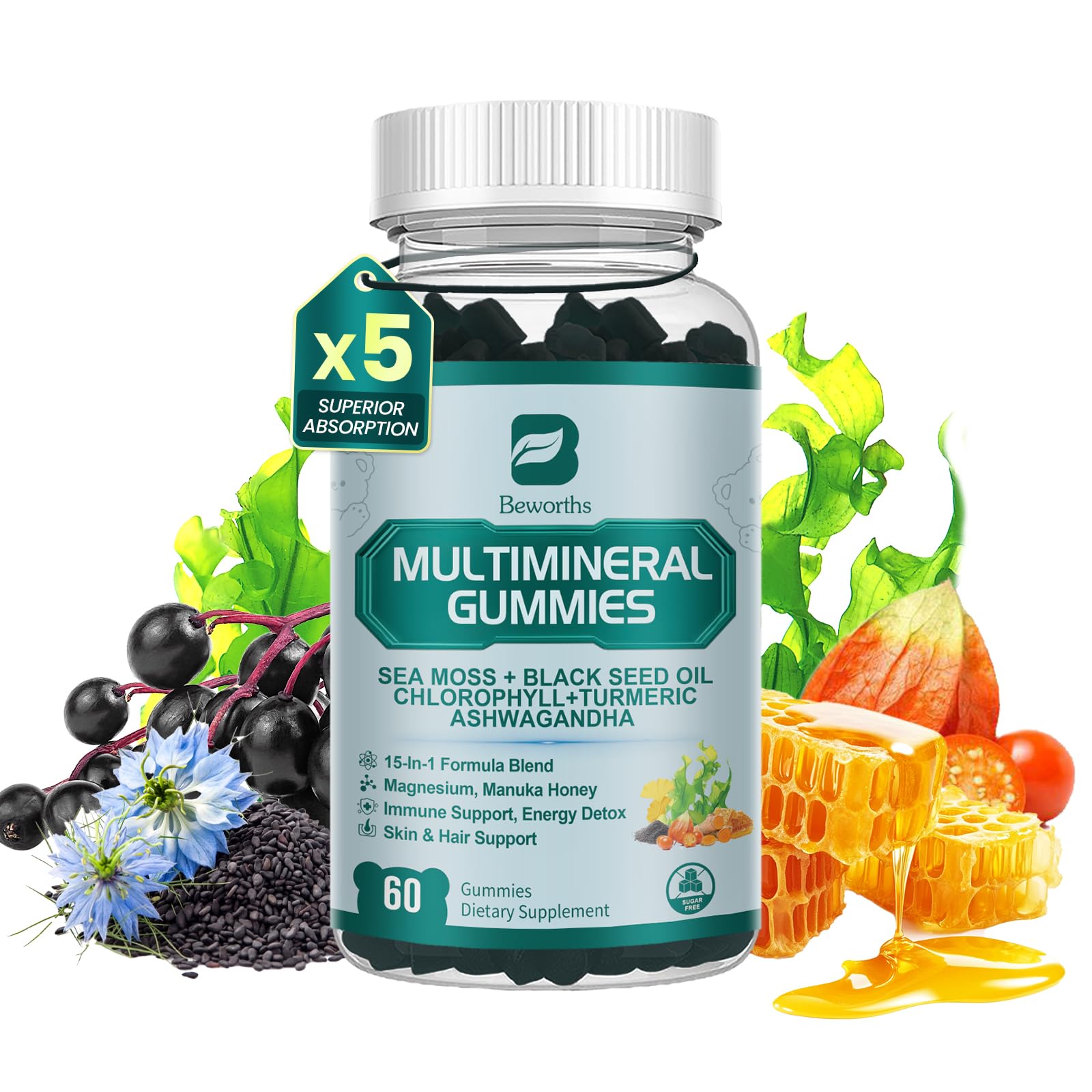 Sea Moss Gummies with Ashwagandha & Chlorophyll, Immune, Digestive and Gut Detox Support, Powered by Black Seed Oil, Vitamin C, Vitamin D & Magnesium, GMO, Vegan, Apple Flavor, 60 SeaMoss Gummies B BEWORTHSBuy Supplements Australia