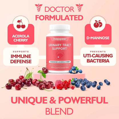 Happee Urinary Tract Health Supplement for Women & Men – Fast-Acting UTI Relief and Prevention, 500mg D-Mannose & Antioxidants, Supports Kidney and Bladder Health, Berry Flavor, 60 Chewables HappeeBuy Supplements Australia