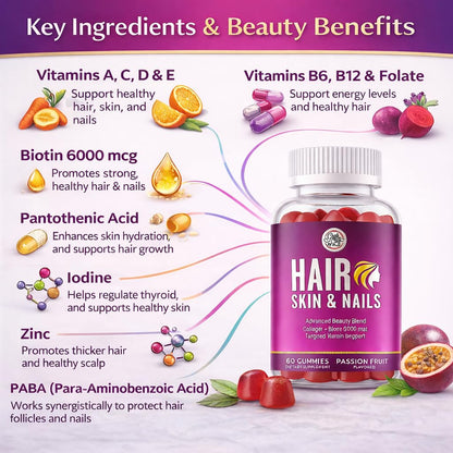 Grab The Gold Hair Skin & Nails Vitamins for Women | Gummies with 6000mcg Biotin & Collagen | 10 Essential Vitamin & Minerals | Gluten-Free, Non-GMO, Passion Fruit Flavor | 1 Month Supply, Made in USA Grab The GoldBuy Supplements Australia