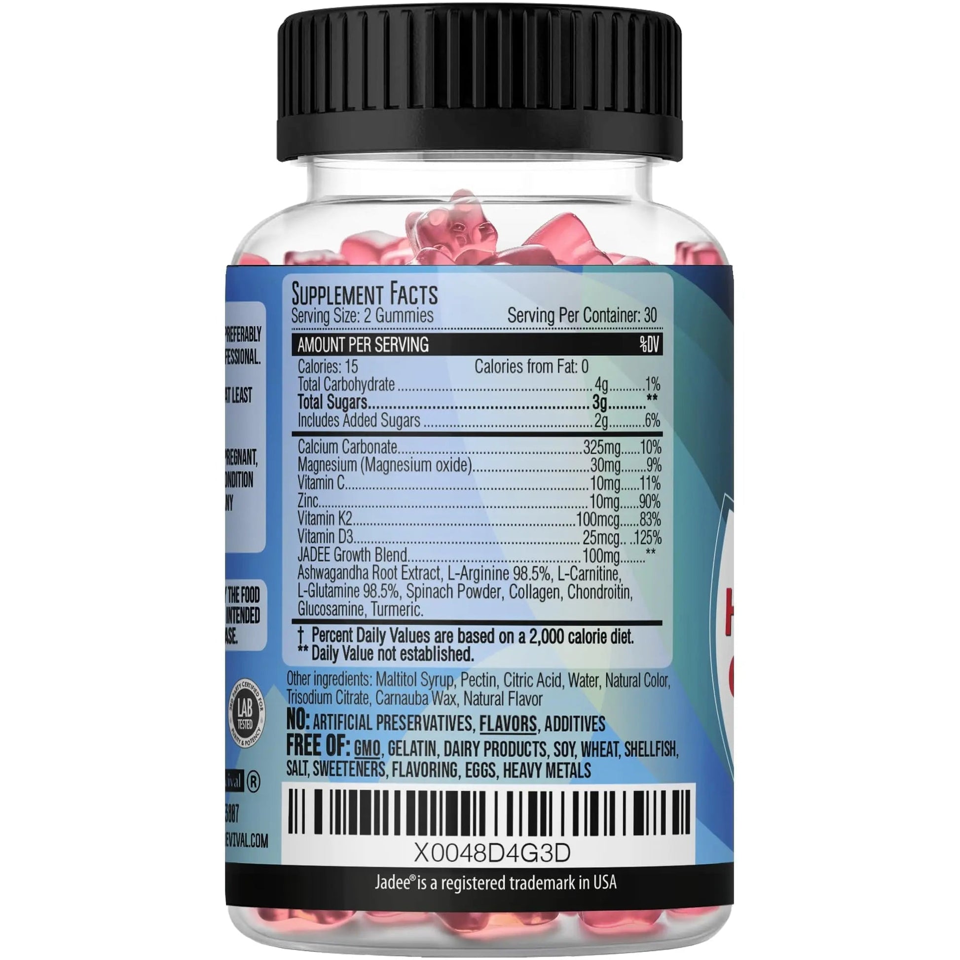 Jadee Height Growth Gummies for Teens & Kids Calcium 325mg, Teen Vitamins D3,K2,C, Magnesium, Ashwagandha, Zinc, L-Arginine Jadee