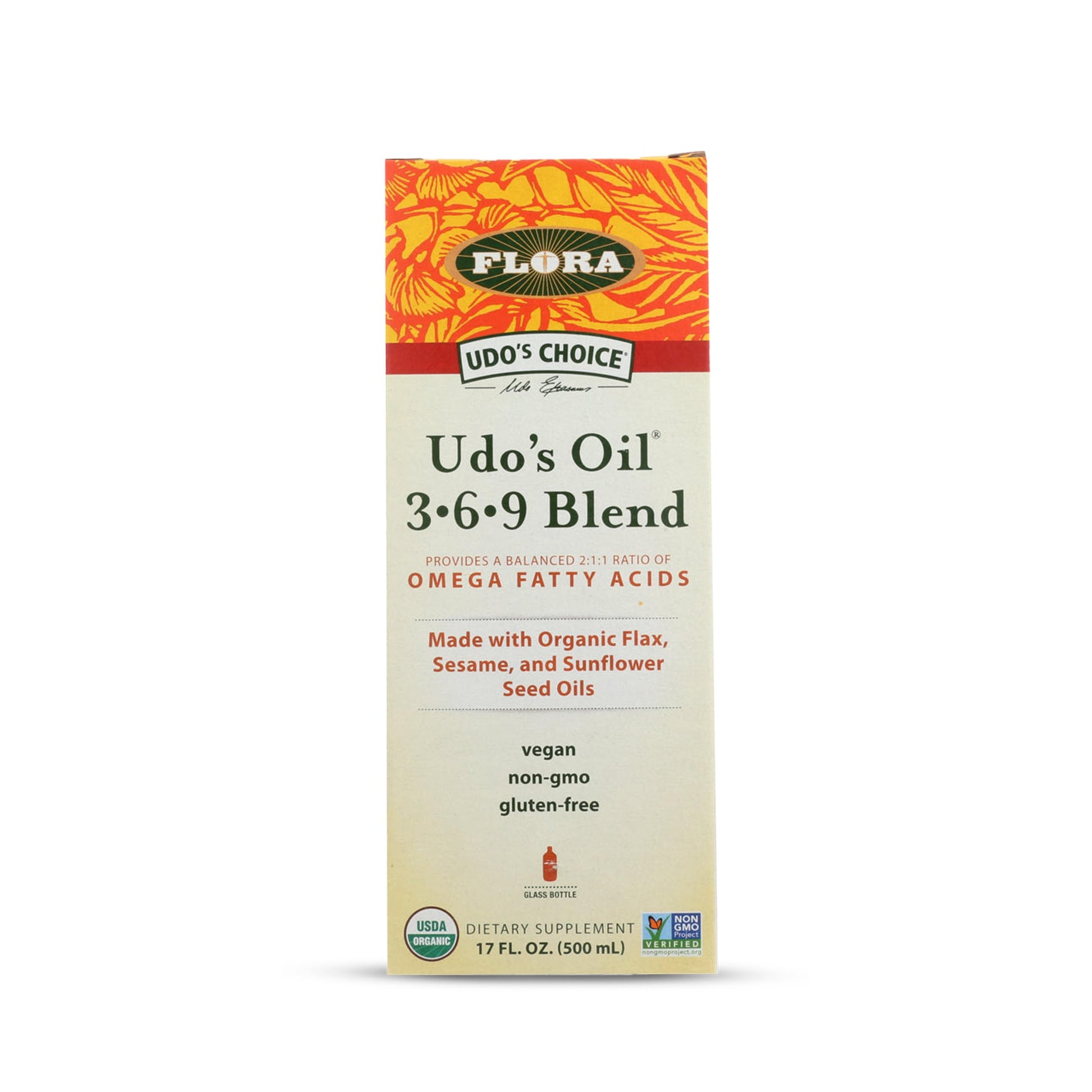 Flora - Udo's Choice Omega 369 Oil Blend, Made with Organic Flax, Sesame & Sunflower Seed Oils, Plant-Based Vegan Omega Fatty Acids, Based on Ideal 2:1:1 Ratio, 17-fl, oz. Glass Bottle FloraBuy Supplements Australia
